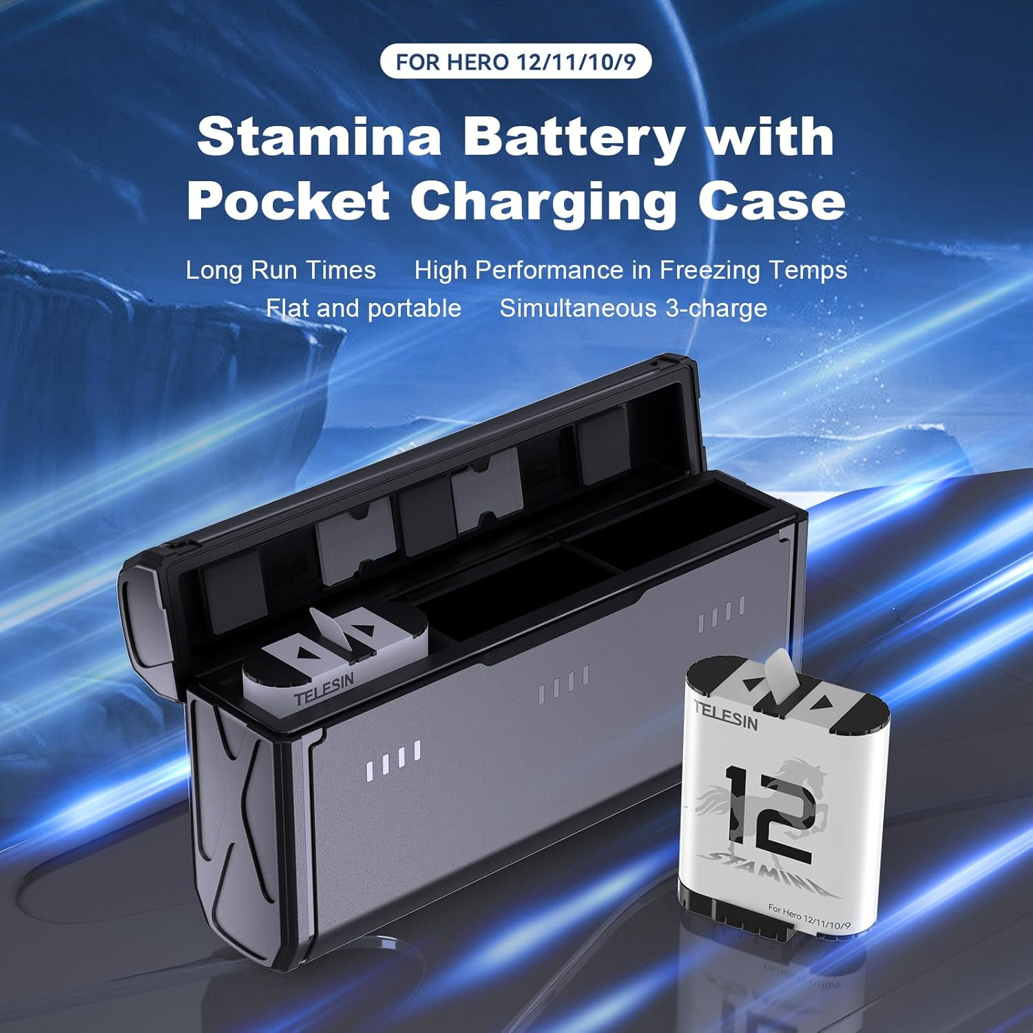 TELESIN 2-Pack Enduro Battery Charger Kit for Go Pro Hero 12 Hero 11 Hero 10 Hero 9, Long Lasting Batteries as Original Official + Pocket Fast Charge Smart Power Indicator Charging Case image number 2