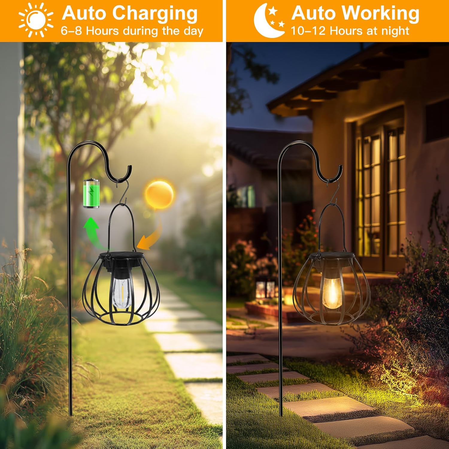 Dehobo Solar Lights for Outdoor Hanging / Standing, Pack of 2 - Solar Lanterns Outdoor Weatherproof - Solar Lanterns with LED Light Bulb Warm White for Garden Decoration, Balcony, Patio Decoration image number 4