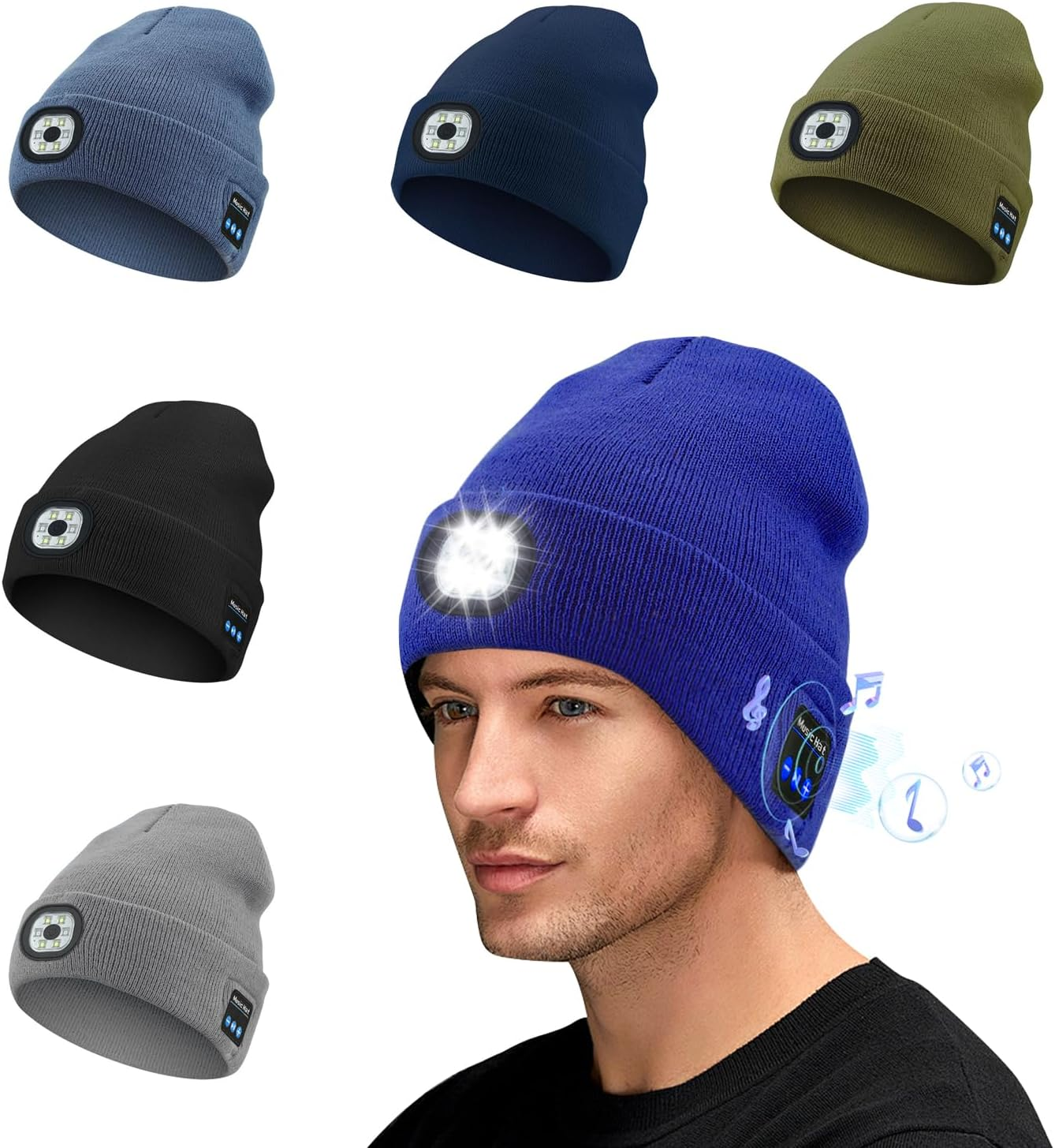 Sonicefit Bluetooth Beanie Music Hat with Light, Rechargeable LED Headlamp Knit Cap with Built-In Wireless Headphones & Mic, Unisex Winter Warm Hat