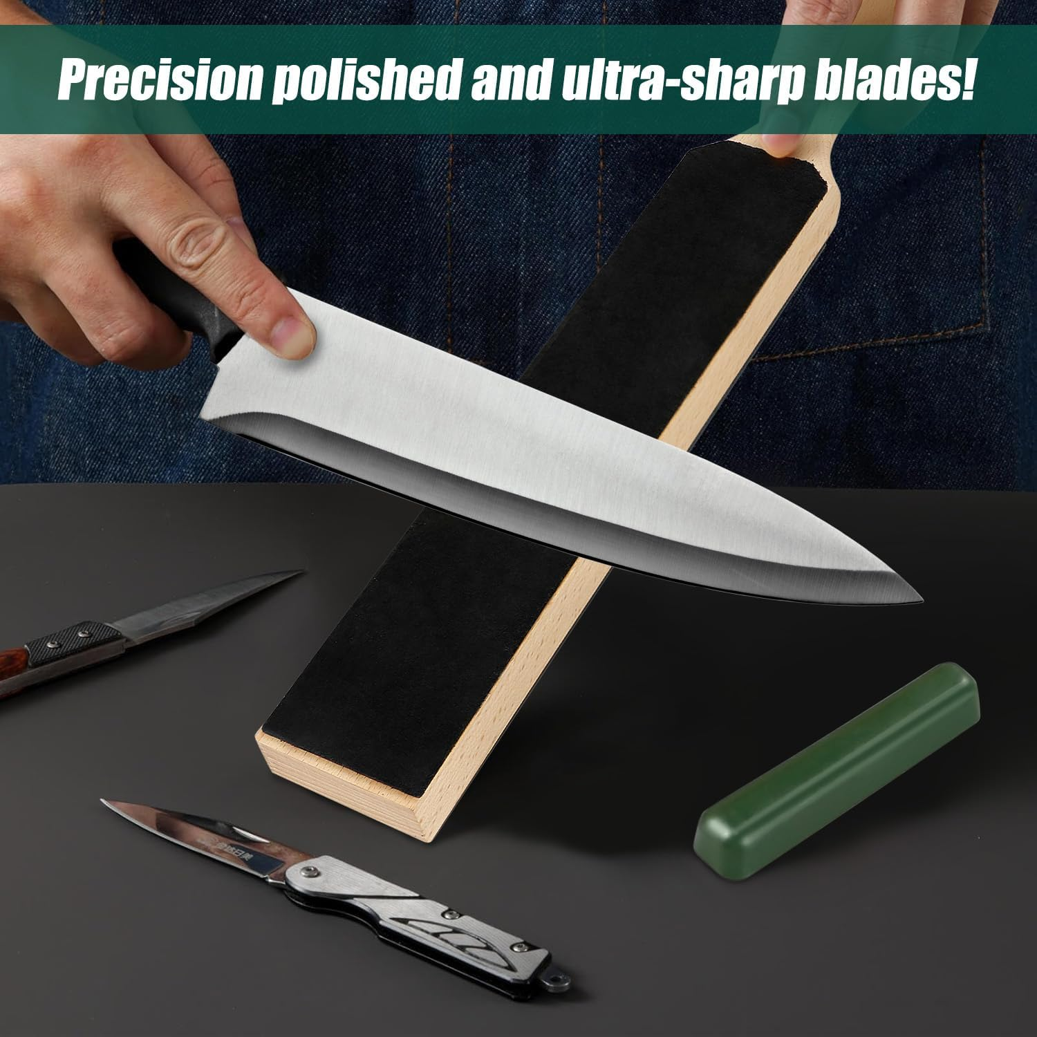 Necomi Double-Sided Leather Strop (Genuine Cowhide)- 14.6 ''X 2'' Sharpening Block Set with Polish & Clip, Stropping Leather Knife Sharpener with Ergonomic Handle, Stropping Kit image number 3