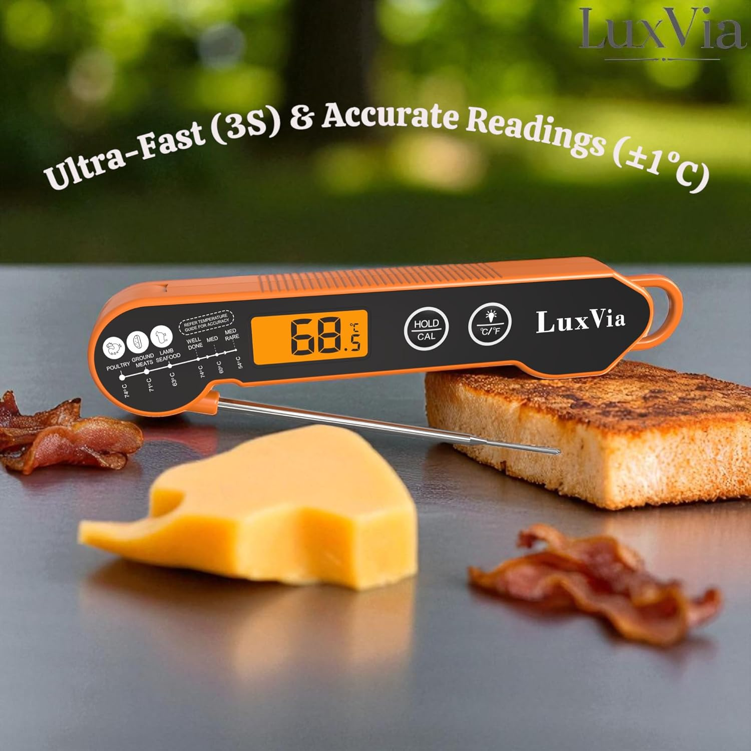 Digital Instant Read Meat Thermometer for Grilling Waterproof Kitchen Food Thermometer with Calibration & Backlight Smoker Oil Fry Candy Thermometer BBQ Grill &plusmn;1 &deg;C Accuracy 2-3S Quick Read (Orange)