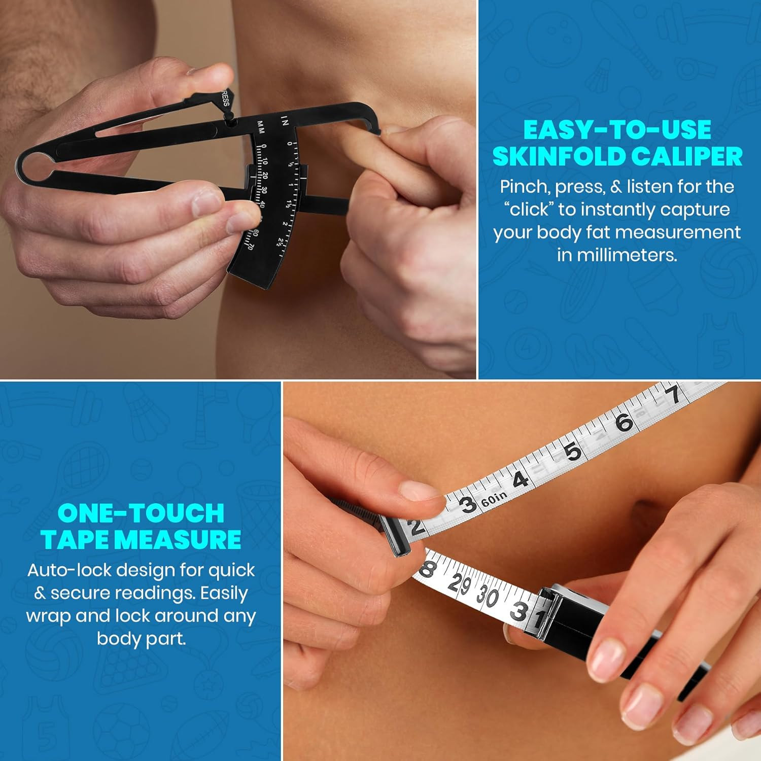 Medca Body Fat Caliper and Measuring Tape for Body - Skinfold Calipers and Body Fat Tape Measure Tool for Accurately Measuring BMI Skin Fold Fitness and Weight-Loss, (Black) image number 2