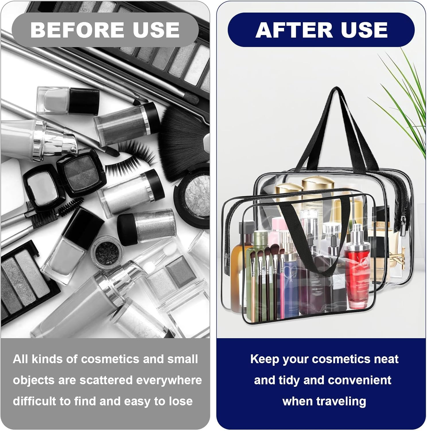 2 Pack Clear Toiletry Bags, Clear Plastic Tote Bags with Zippers, Clear Cosmetic Makeup Bags for Travel, Beach Vacation, and Bathroom (Black) image number 3