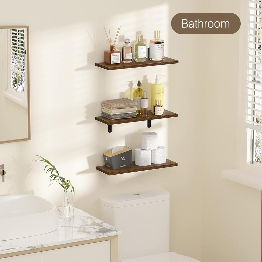 Delsol Wall Floating Shelves Wood Shelves 5Pcs Set Home Decor Wall Mounted Storage Rustic Wood Farmhouse Shelf for Bedroom, Living Room, Kitchen, Bathroom (Black) - Light Brown image number 5