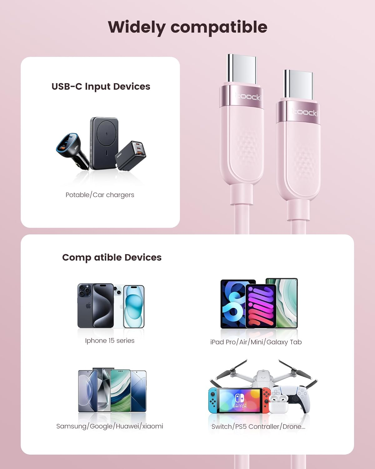 Toocki 3-Pack 2M USB-C to USB-C Cables 60W, Fast Charging Silicone Cords Compatible with Iphone 17 Pro Max/16, Ipad Pro, Samsung Galaxy S25/S24/S23, Switch, Macbook Air, Pixel (Multi-Color) image number 4