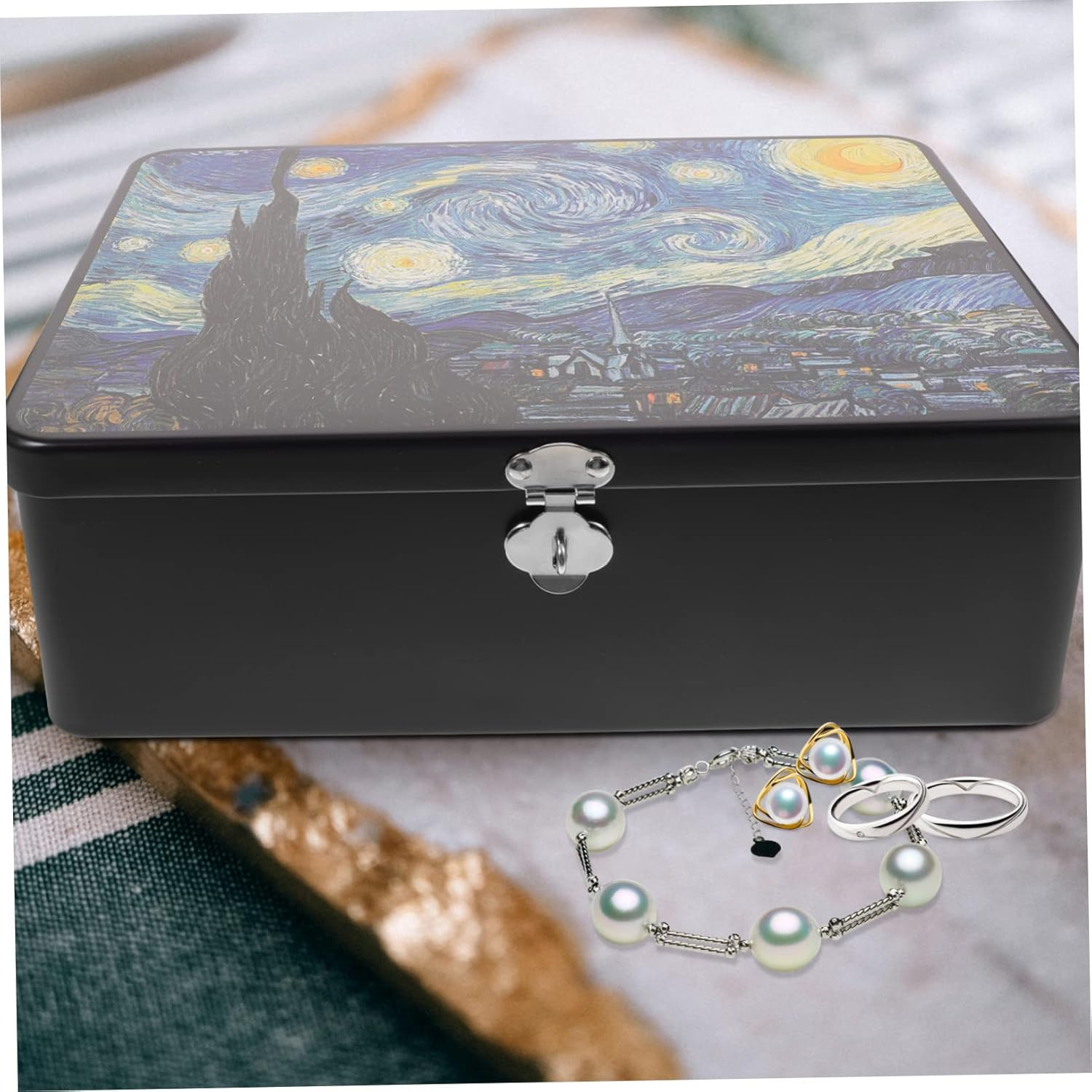 Lockable Vintage Tin Storage Box Lid, Large Metal Decorative Jewelry Organizer Case Key, Secure Desktop Storage for Keepsakes and Personal Items