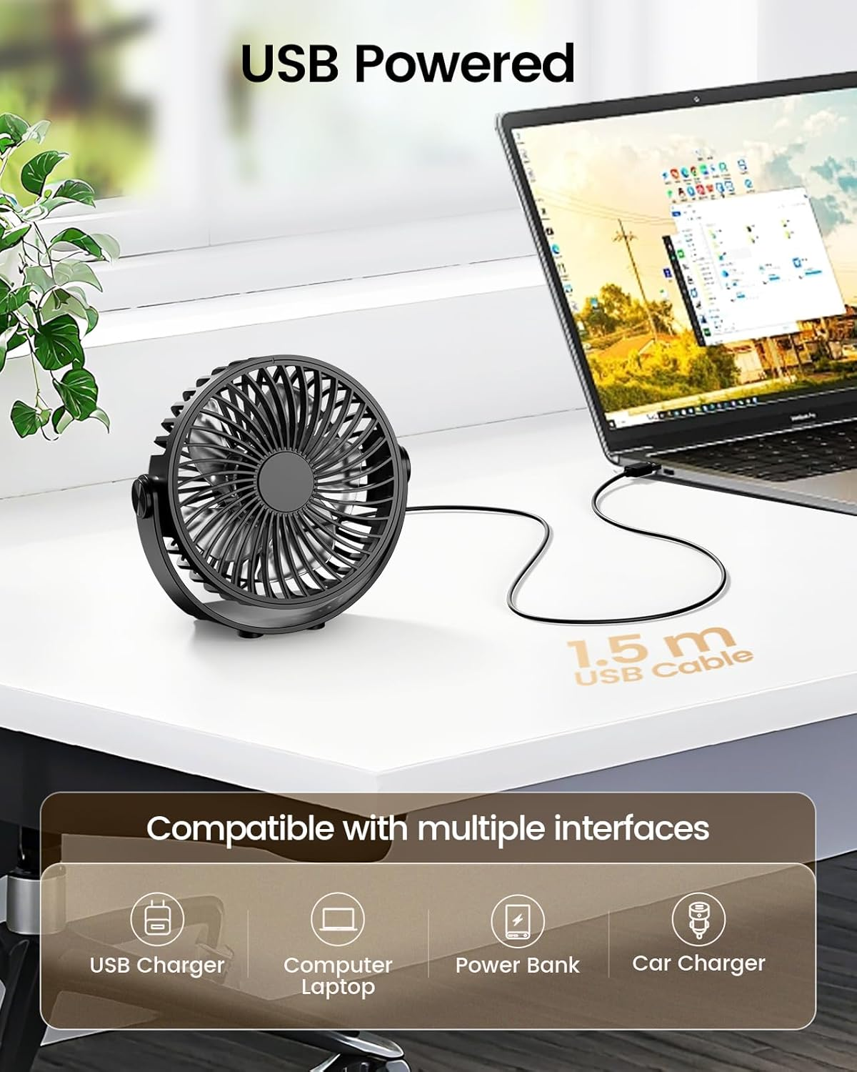 Tripole Desk Fan USB Powered Portable Fans 5 Inch Mini Quiet Fan with 3 Speeds, 360&deg;Rotation Head Small Cooling Fan for Desktop Office Home Travel, Black image number 4