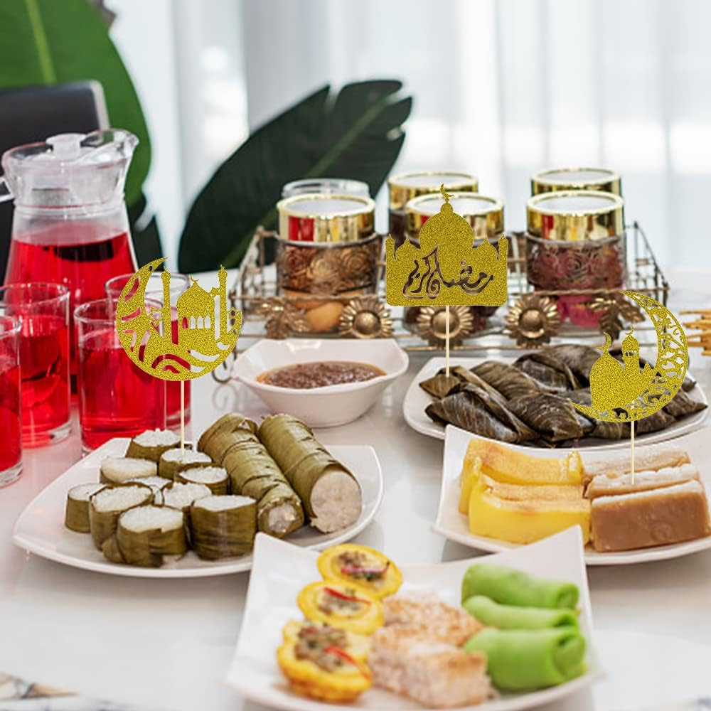 ALIBBON 30Pcs Eid Mubarak Cupcake Toppers, 3 Patterns Glitter Gold Moon Castle Cupcake Picks, Ramadan Mubarak Cake Topper, Ramadan Kareem Party Decorations Islamic Muslim Party Decors Supplies image number 5