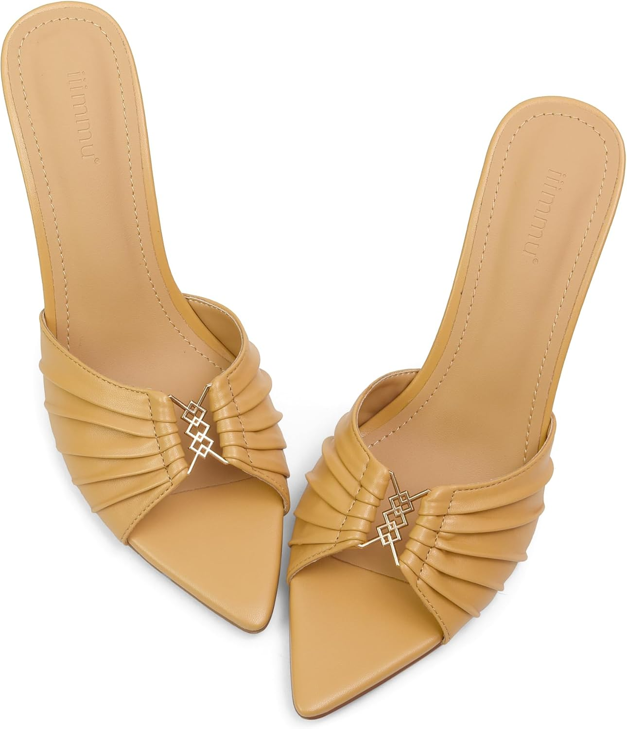 Iiimmu 3.5 in Stiletto Mules High Heels with Pointed Peep Toe Heeled Sandals Faux Leather