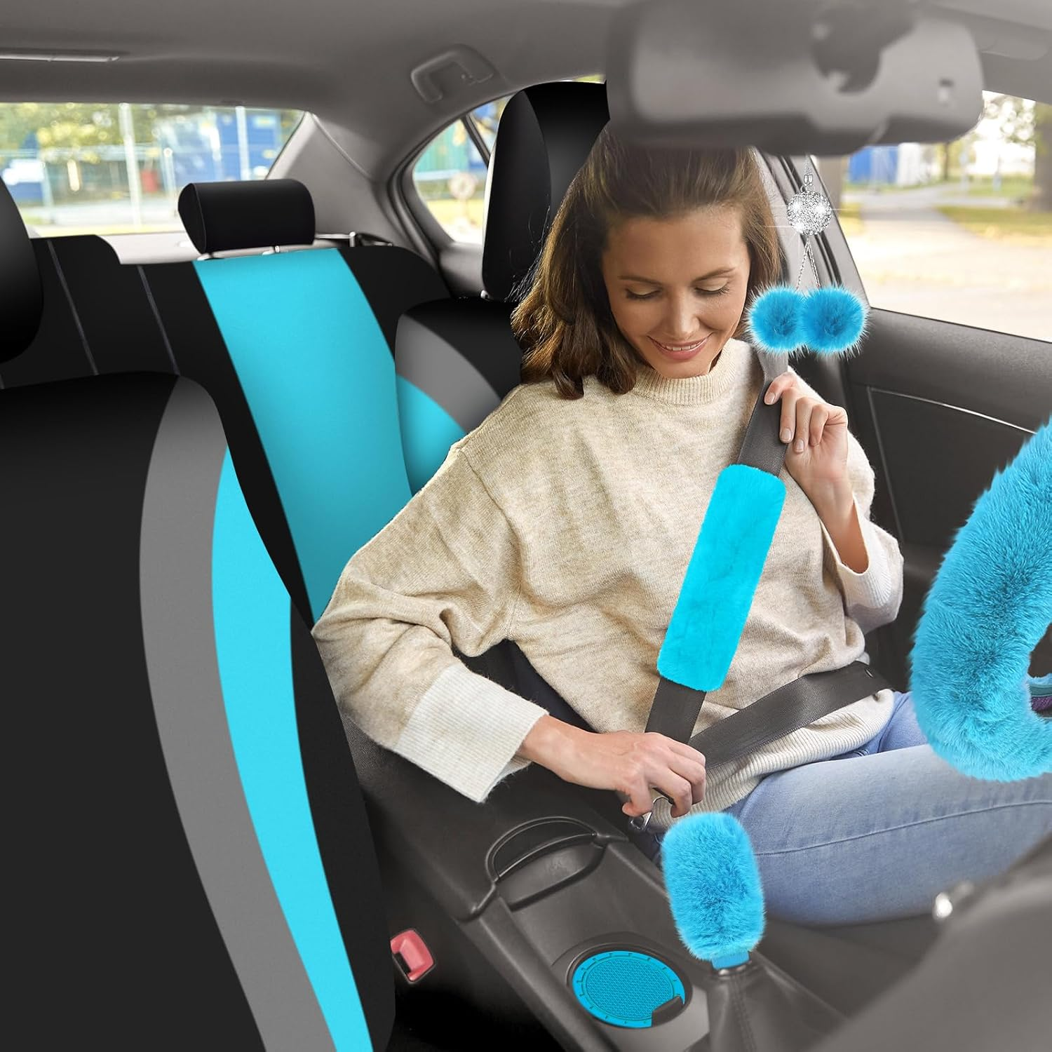 ROCEEI 47 Pcs Car Seat Cover Full Set Car Accessories for Front Rear Seat Fluffy Steering Wheel Cover Belt Automotive Floor Mats Air Conditioner Decoration Strip(Lake Blue) image number 6