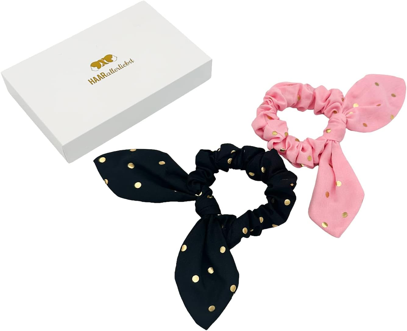 Haarallerliebst Scunchies Hair Bobbles (Bow with Polka Dots | Pink and Black | Pack of 2) for Girls with Storage Box