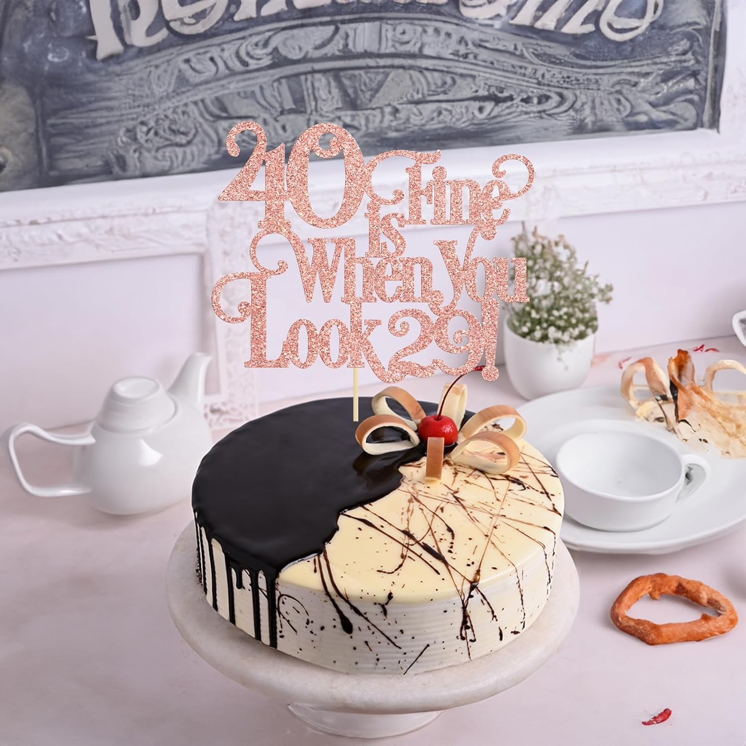 Ephlyn 1Pc 40 Is Fine When You Look 29 Cake Topper Glitter Funny 40Th Birthday 40 and Fabulous Cake Topper Decorations for Happy 40Th Birthday Party Decoration Supplies Rose Gold - Blue image number 2