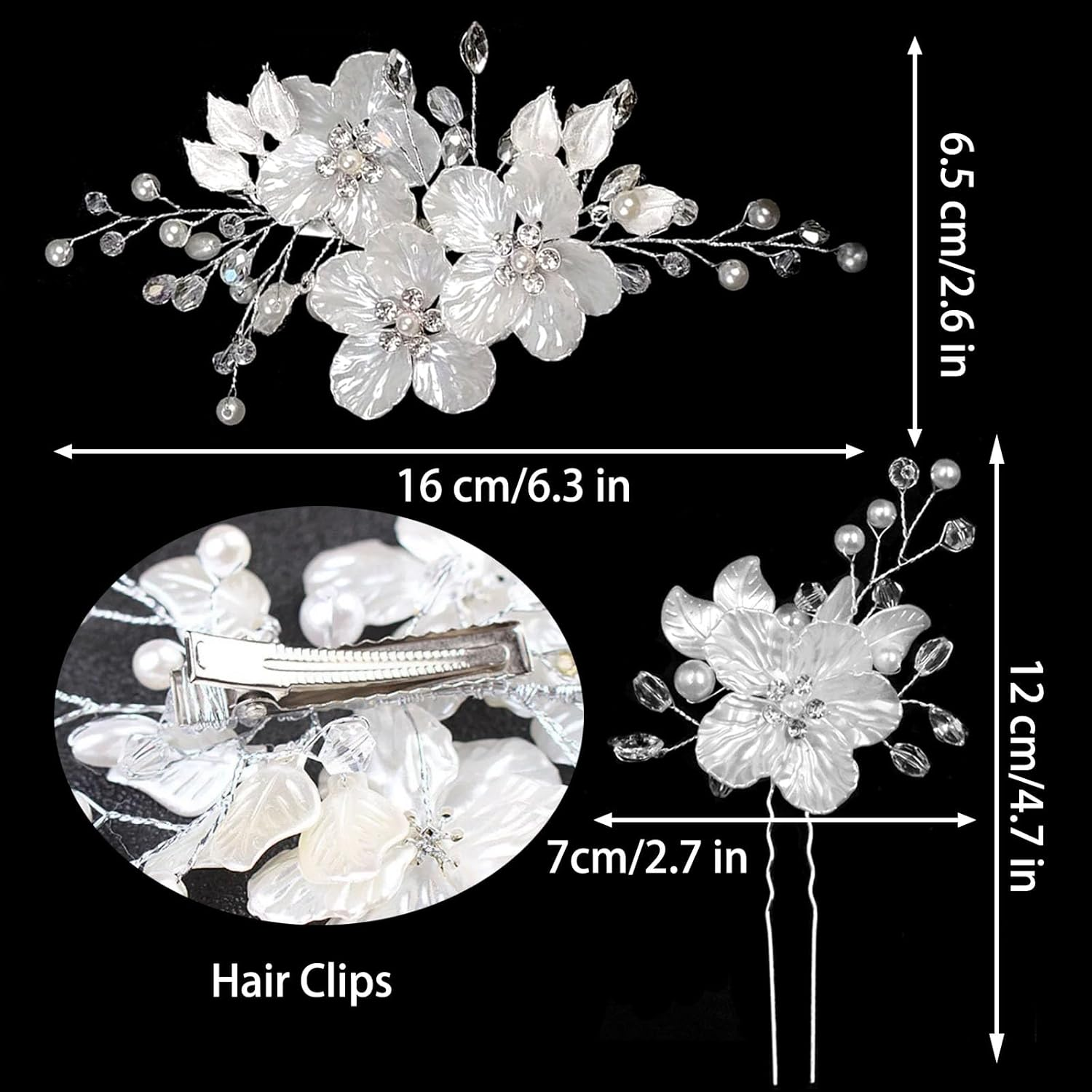 3 PCS Flower Bridal Wedding Hair Pins Crystal Pearl Hair Clips Headpiece Bride Hair Accessories Jewelry with Rhinestone, Glitter Emboss White Flower image number 3