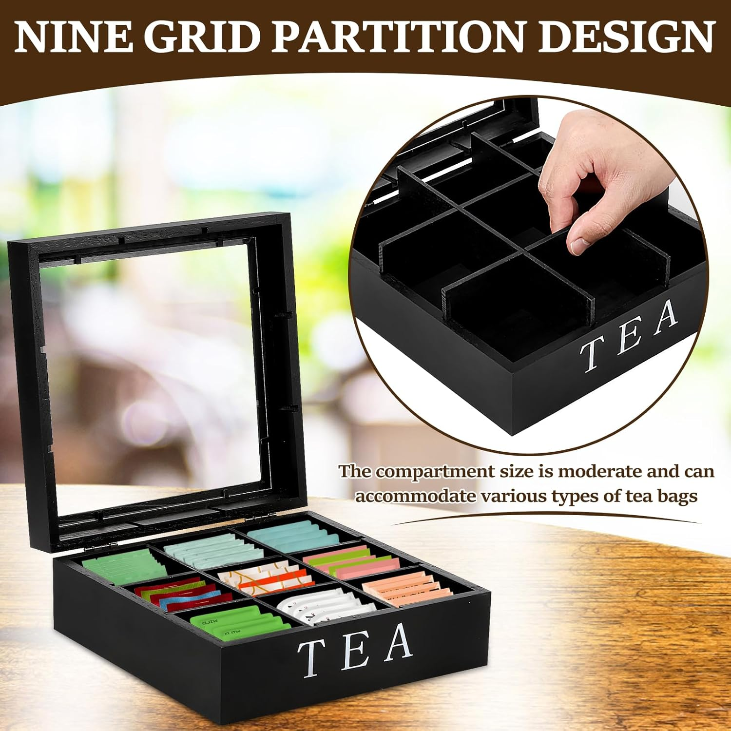 Awobepl Tea Bag Organizer Wood Tea Bag Holder with Clear Lid 9 Compartments Tea Caddy Practical Tea Organizer Caddy Large Capacity Tea Bag Box for Home Office (Black) - White image number 6