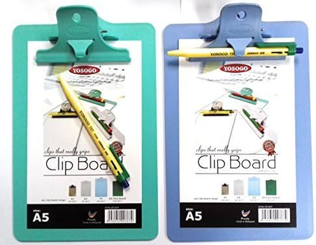 Yosogo A5 (6X9") Size Plastic Clipboard &ndash; 2 Pack with Handy Pen Holder & Pen &ndash; Holds up to 40 Sheets &ndash; Portable 6X9 Inch Size &ndash; Durable Plastic &ndash; Writing, Office, Stationary, School Supplies Set image number 1