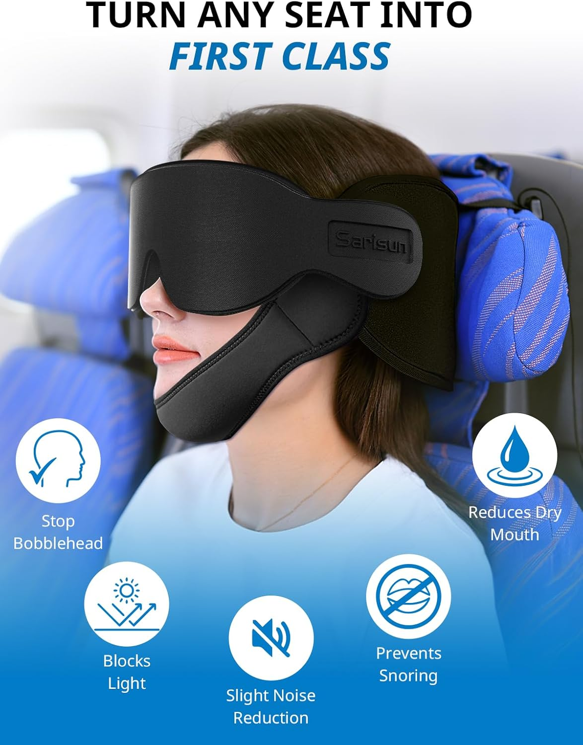 SARISUN Travel Pillow for Airplanes, Airplane Pillow with Eye Mask for Long Flight, Flight Pillow for Sleeping Travel, Travel Pillow for Road Trip, Headrest Combo with Chin Strap, Black image number 2