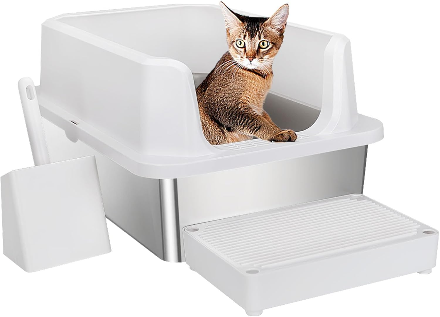 RIZZARI Stainless Steel Cat Litter Box, Semi-Enclosed Litter Box with Raised Edges, Anti-Leakage & Odorless, Large Litter Box for Small to Large Sized Cats (White)