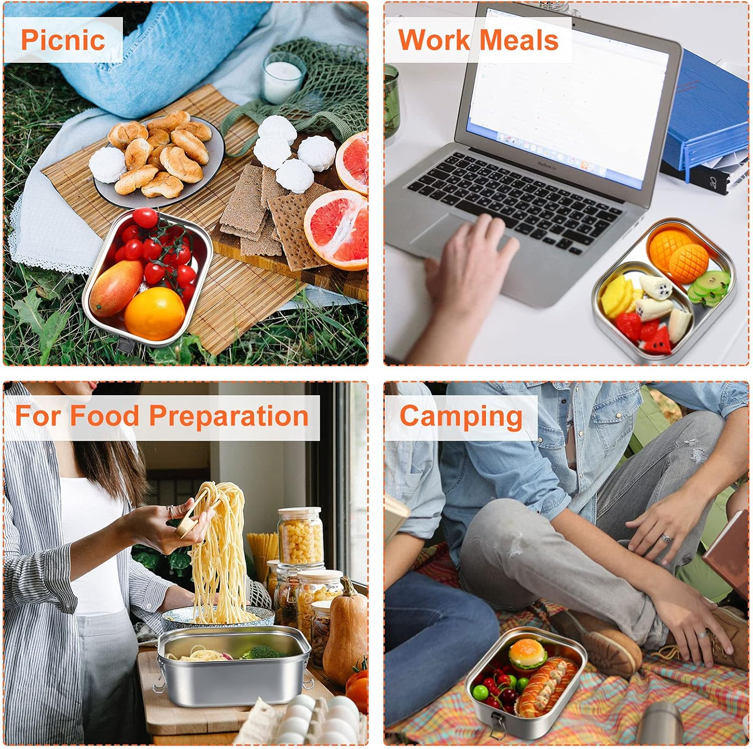 Romooa 2 Pieces Metal Bento Box for Adults Metal Lunch Box Stainless Steel Bento Containers Leakproof Dual Tiers Lunch Container with Airtight Valve Handle Dishwasher Safe(Medium) image number 3