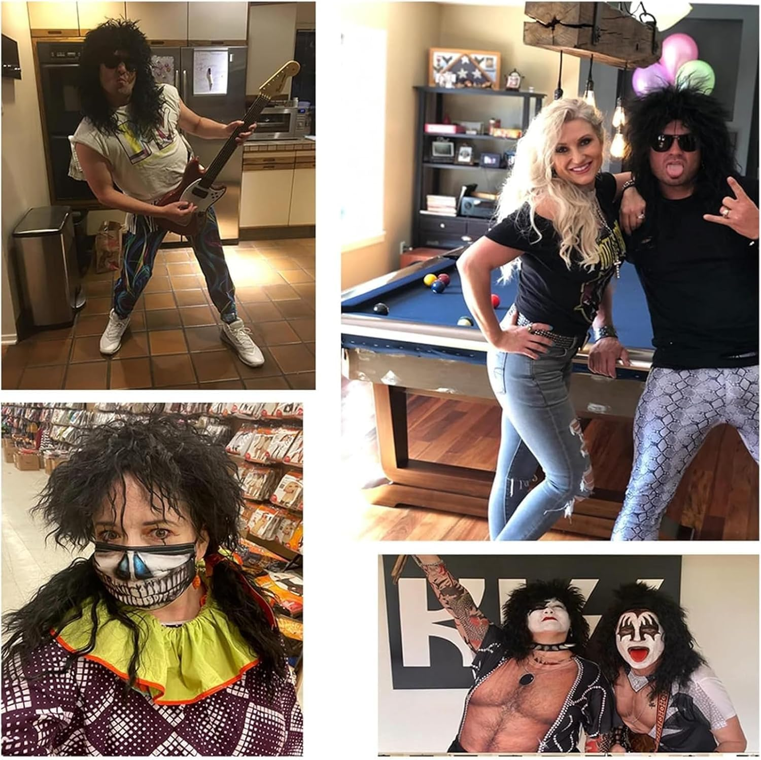 70S 80S Hair Metal Rocker Hippie Costume Accessories - Long Curly Black Synthetic Costume Wig for Halloween, Cosplay, Anime, Themed Parties (Unisex Adjustable Design) image number 6