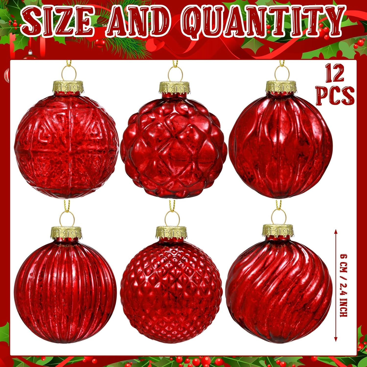 Jenaai 12 Pcs 2.36 Inch Christmas Ball Ornaments Glass Christmas Tree Decorations Hanging Xmas Decorations for Trees Party Wedding Holiday, 6 Style(Red) image number 5