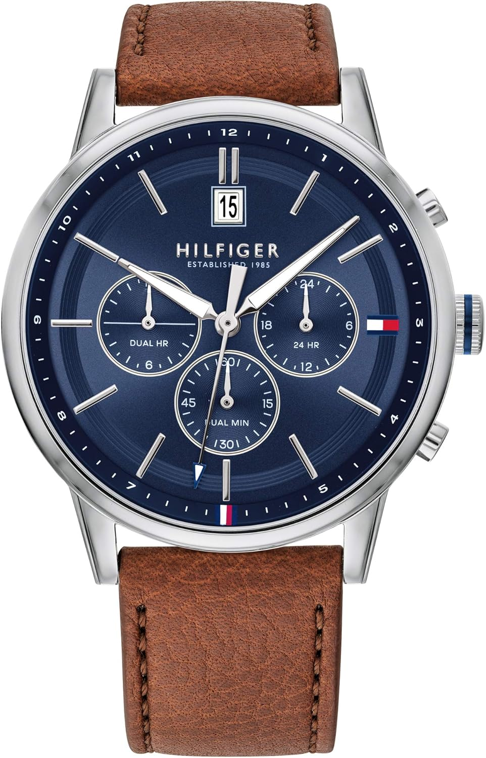 Tommy Hilfiger Men'S 1791629 Light Brown Leather Multi-Function Watch, Navy, 44MM