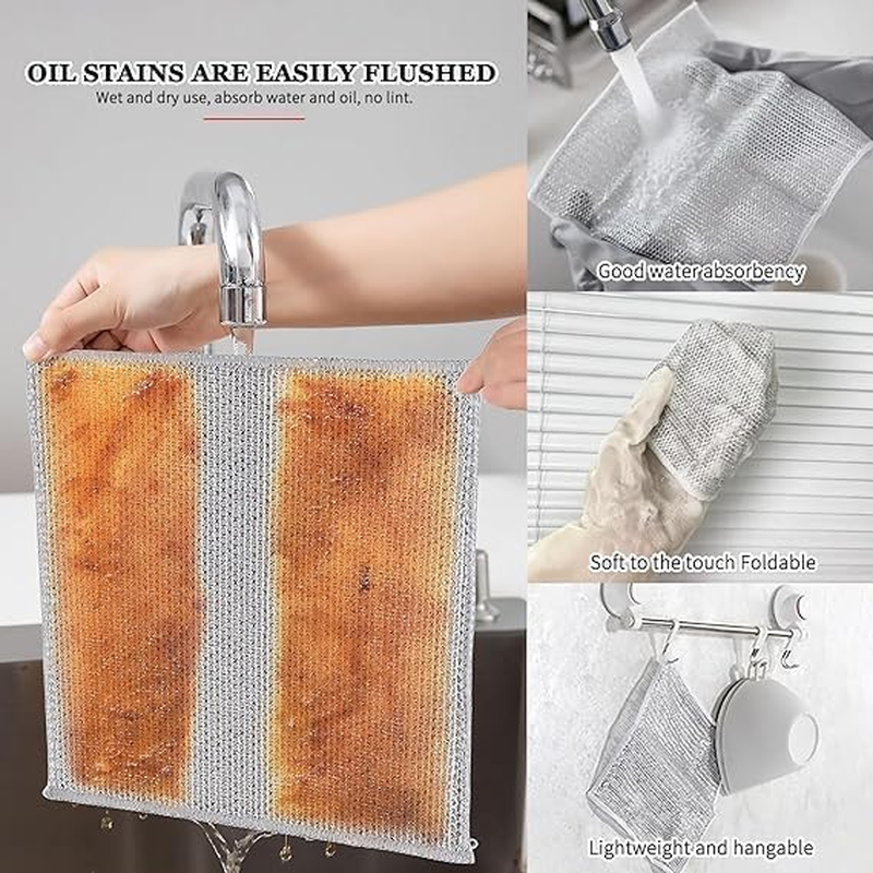 10PCS Multifunctional Non-Scratch Wire Dishcloth, Steel Dish Towel, Multipurpose Dishwashing Rags for Wet and Dry, Scrubs & Cleans Dishes, Sinks, Counters, Stove Tops