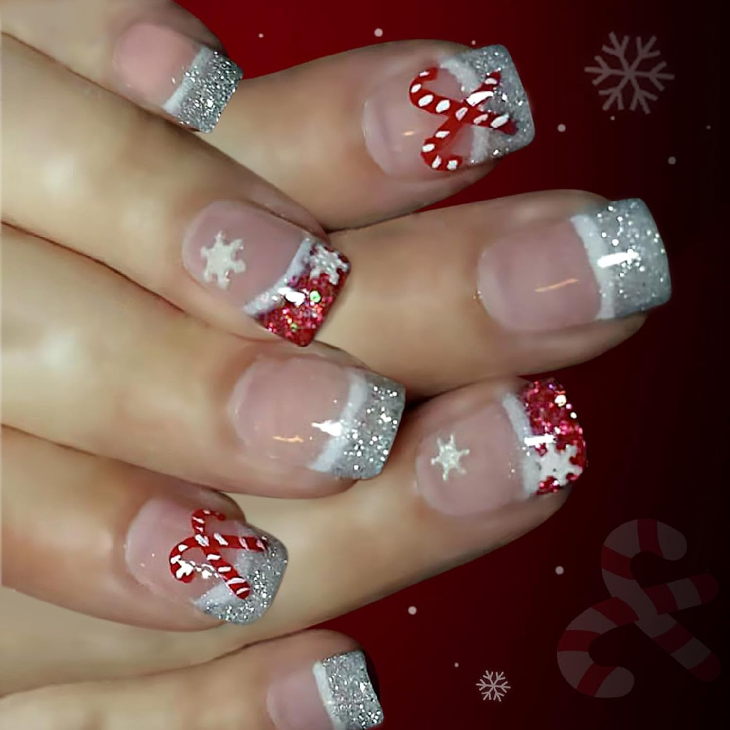 Holiday Glittering Press on Nails Short French Styles Snowflake Cane Pattern ABS for Festive Event Christmas Snowflake Press on Nail image number 5