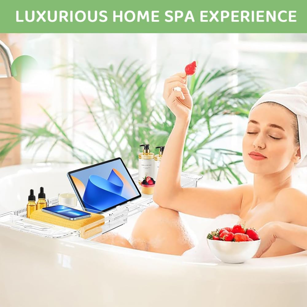 Kirbybear Expandable Bathtub Tray Caddy, Clear Bath Shelf Organizer for Tub, Multifunctional Bathroom Storage Rack for Candle, Towel, Book, Wine, Phone & Spa Relaxation image number 5