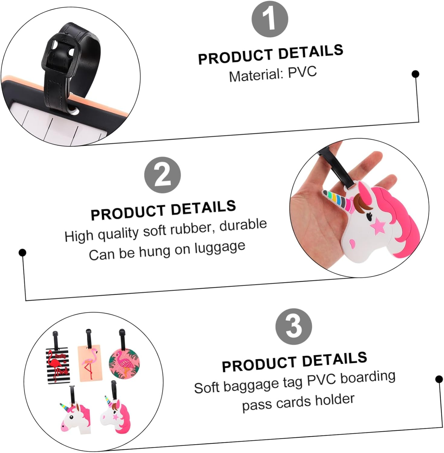 NAMOARLY 5Pcs Cartoon Flamingo Unicorn Luggage Tags Elastic Strap and Buckle Connector for Easy Identification image number 2