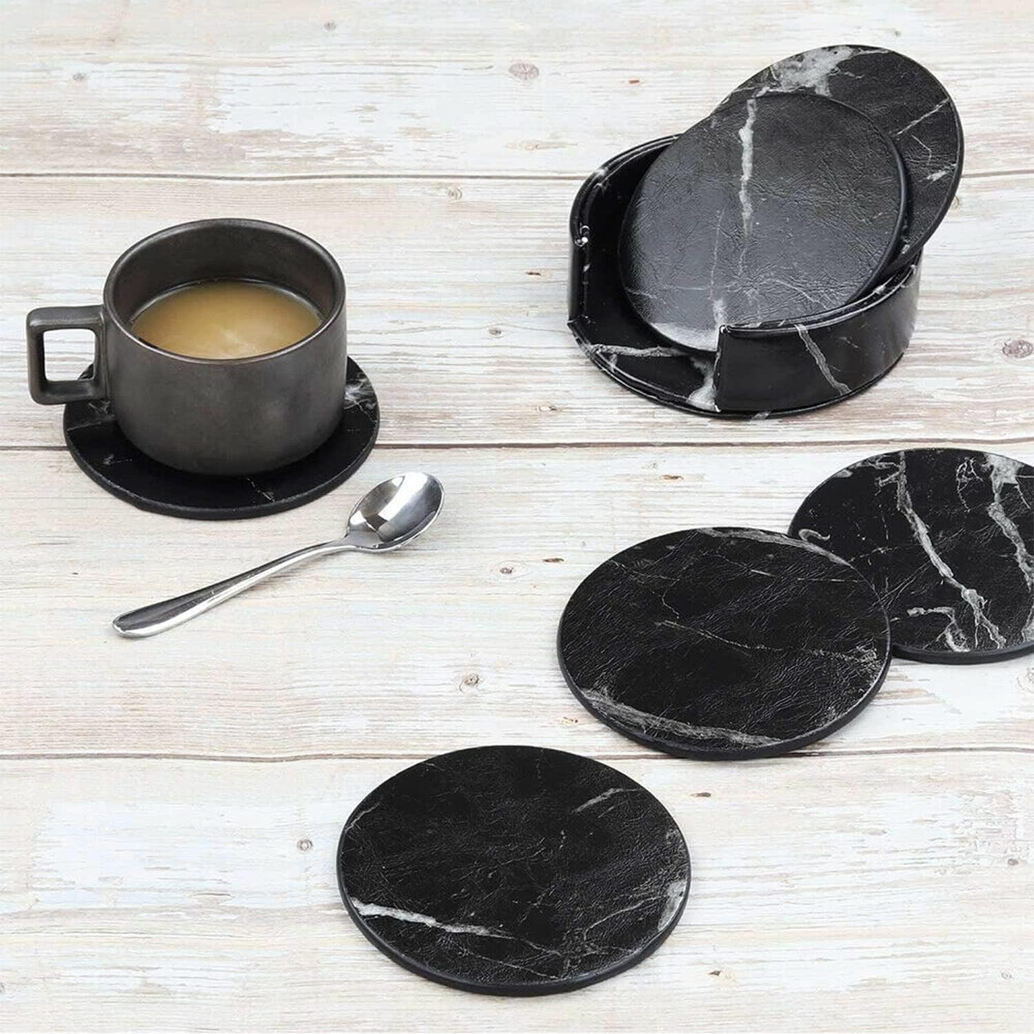 Coasters for Drinks 6 Piece with Holder Marble Texture round Cup Mat Pad Set of Home and Kitchen Use (Marble Black) image number 1