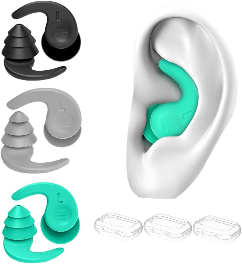 3 Pairs Swimming Ear Plugs for Adults，Silicone Waterproof Reusable Swim Earplugs for Swimming, Surfing, Showering，Water Sports and Swimming Ear Plugs. (Black + Green + Gray, Adults & Teens)