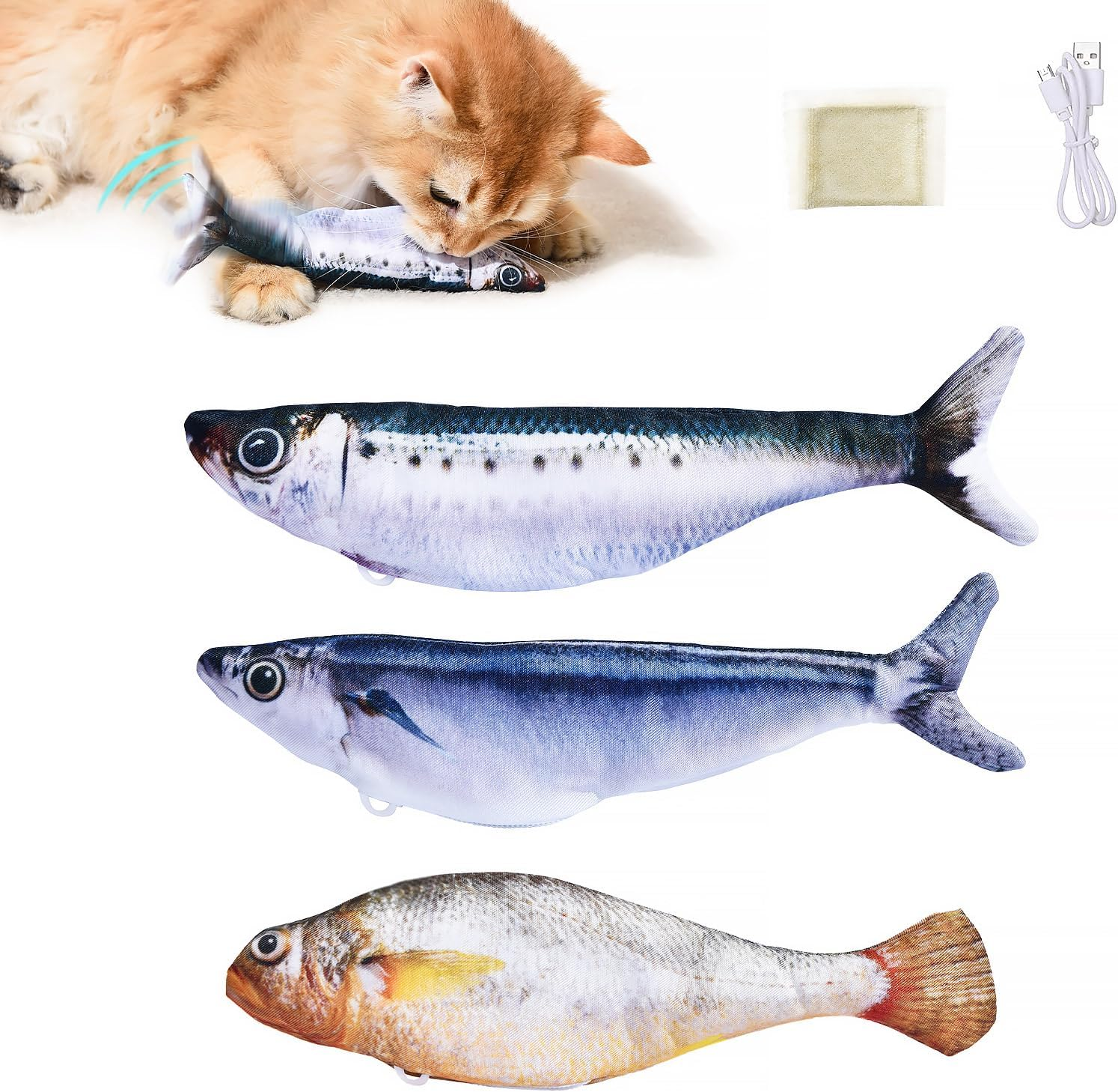 Petgravity Bite-Sized Realistic Flopping Fish Cat Toys, 3 Pack, Interactive Cat Toys for All Breeds, Tap-Activated 3 Flapping Mode, Sardine/Saury/Yellow Croaker, 7.1 Inches, with Catnip, Rechargeable image number 1