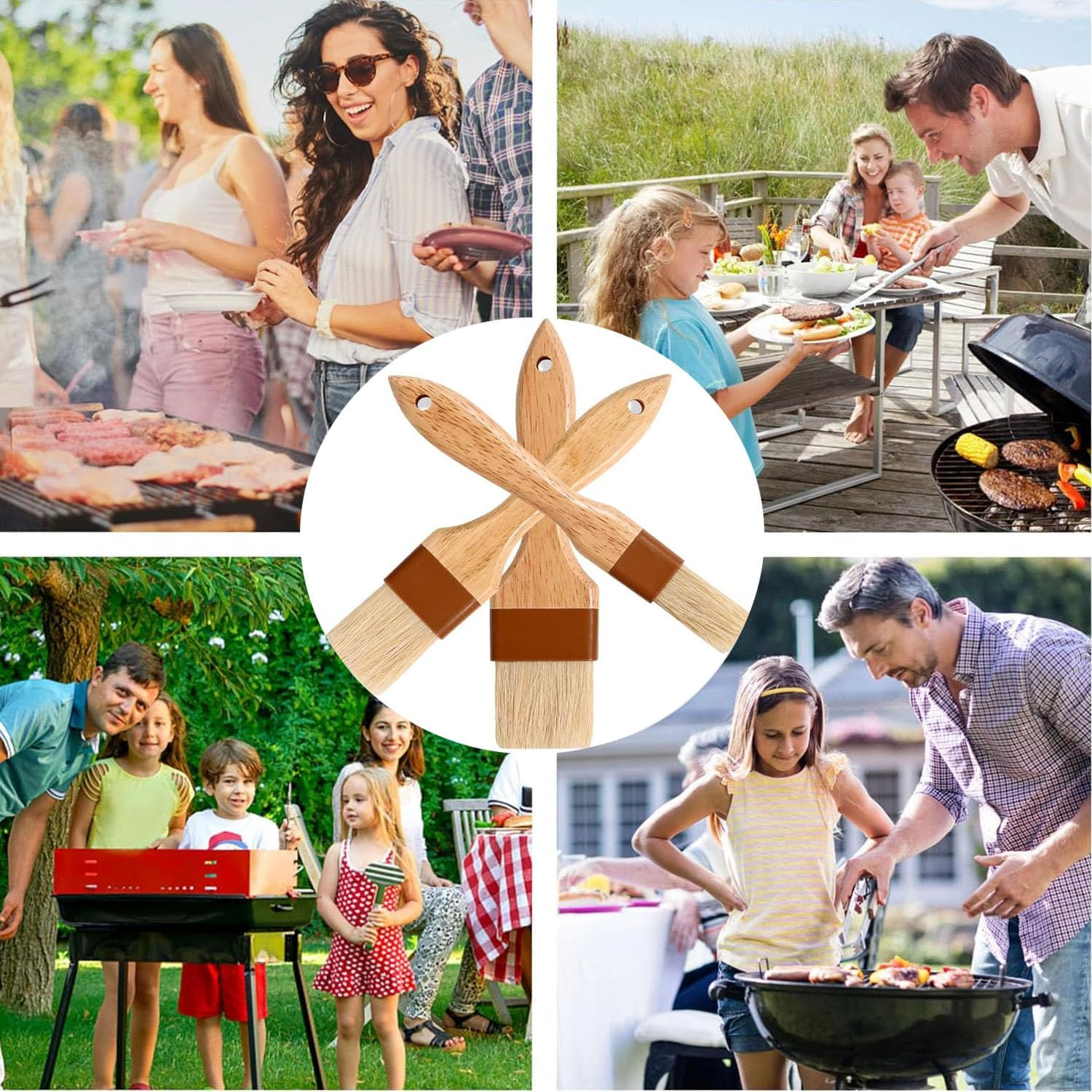 3 Piece Natural Bristle Wooden Handle Pastry and BBQ Sauce Brushes for Cooking, Baking, Grilling and Kitchen Waxing