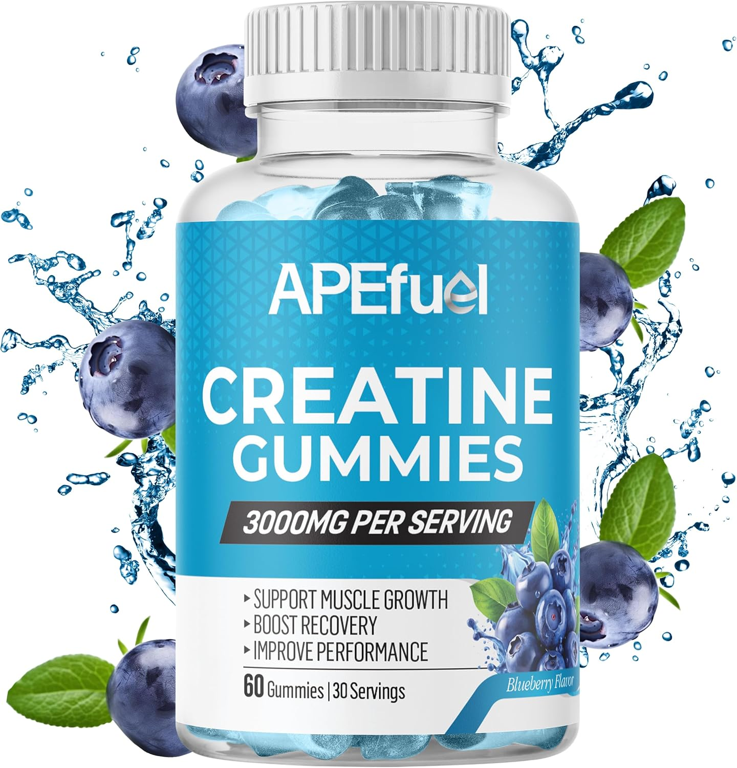 Apefuel Creatine Gummies for Men & Women - Sugar-Free Blueberry Flavored Pre-Workout Gummies for Muscle Growth, Strength & Cognitive Support - 3000Mg Creatine Dietary Supplement (30-Days Supply) image number 1