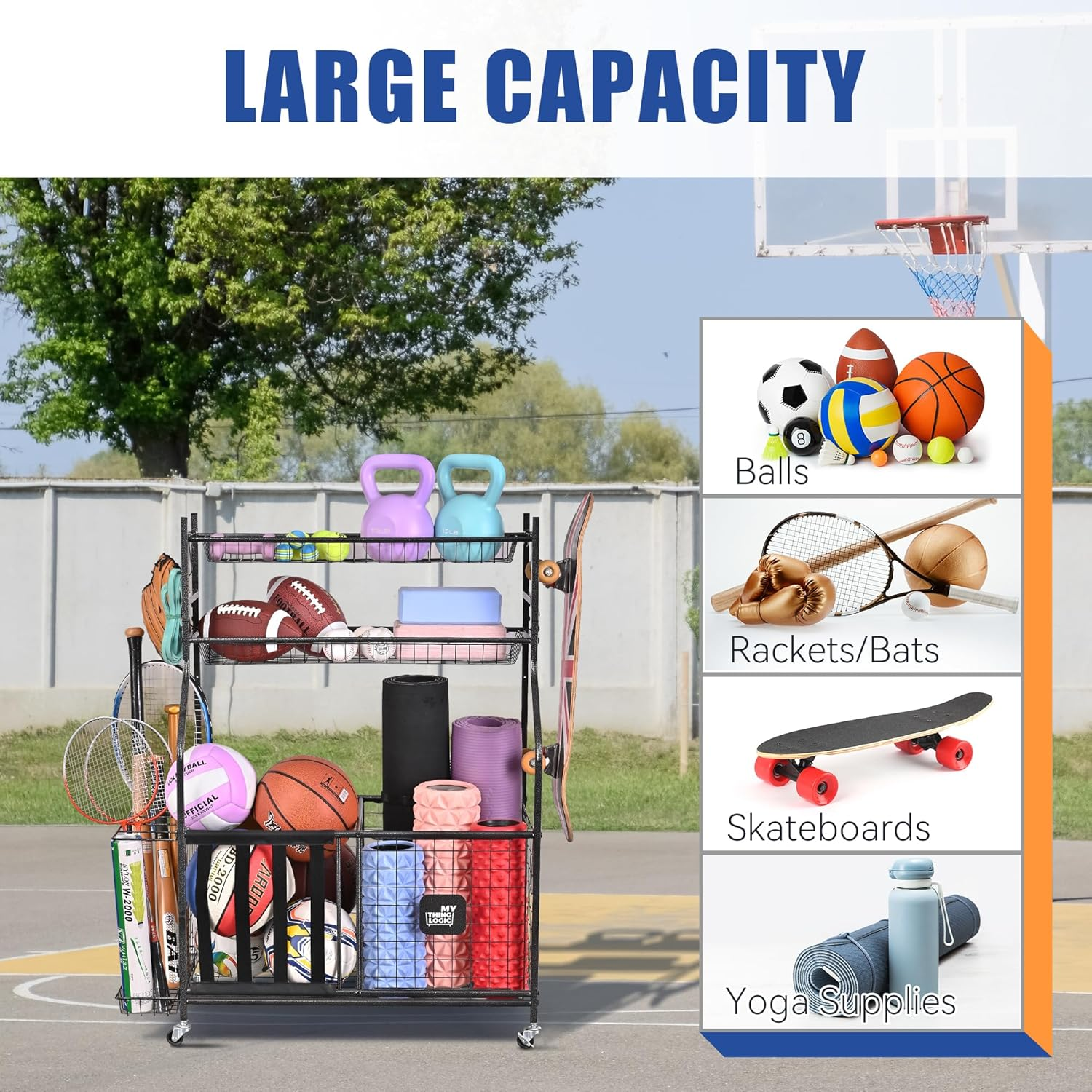 Mythinglogic Garage Storage System, Garage Organizer with Baskets and Hooks, Sports Equipment Organizer for Sports Gear/Toys,Garage Ball Storage for Indoor/Outdoor Use