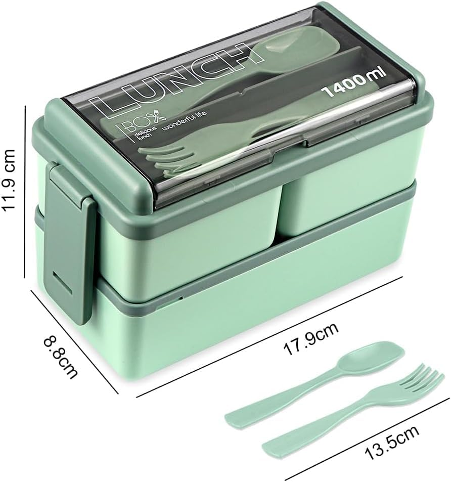 Lunch Box Stackable, 1400Ml Bento Box with Spoon Fork, Leak Proof 2 Layer Boxes with 3 Removable Compartments and Cutlery, for Adults Kids Office Microwave Dishwasher Safe Available (Green) image number 1