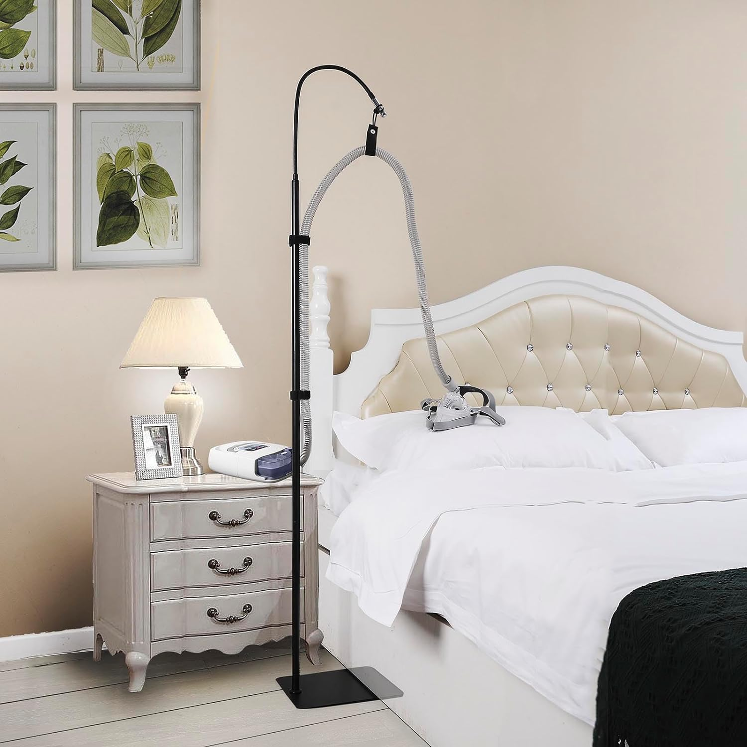 CPAP Hose Holder for Bed with Adjustable Height and Angle,Avoid Hose Entanglement，Cpap Hose Hanger Material Is Anti-Rust Alloy,White