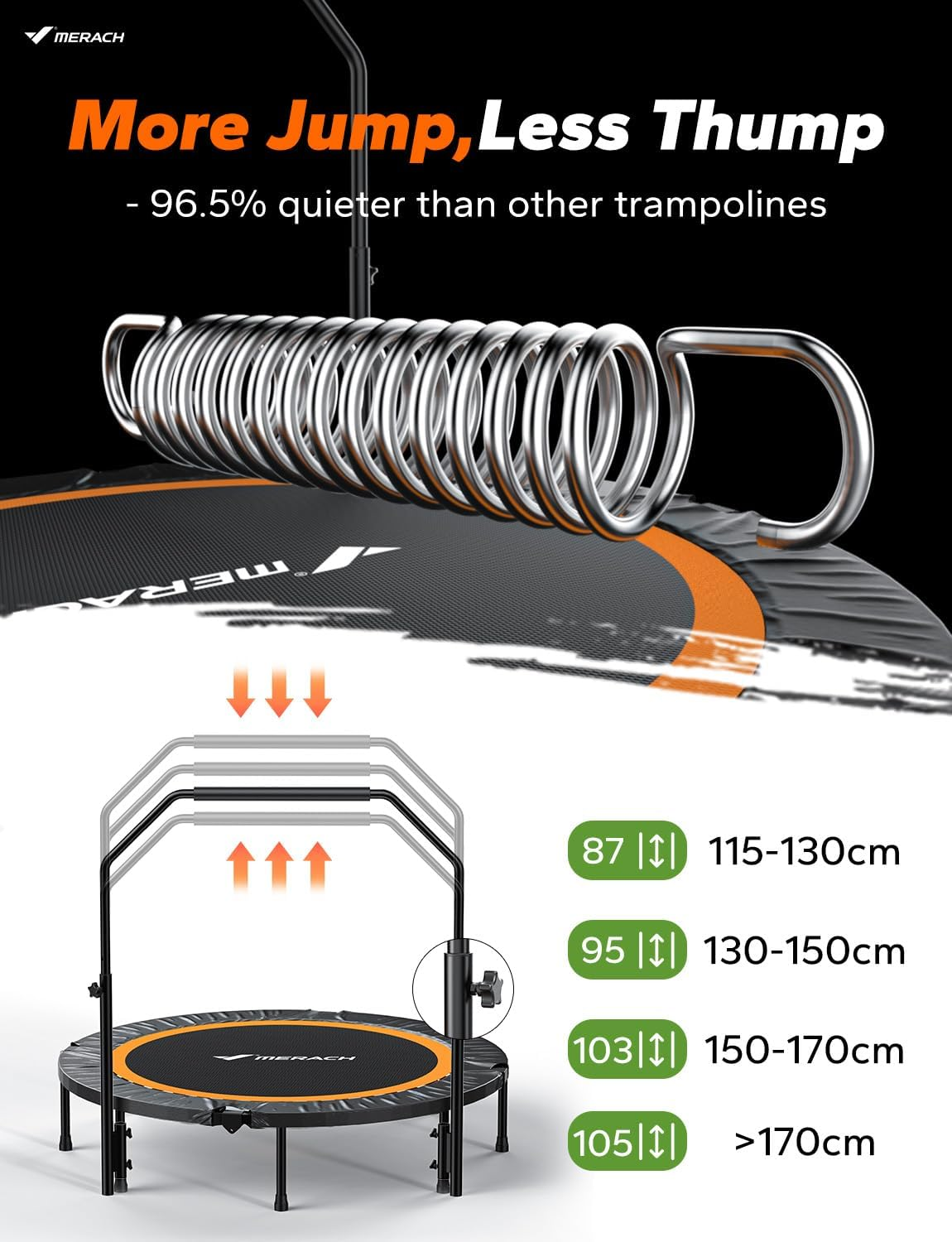 MERACH 48" Rebounder Mini Trampoline Adult, Fitness Trampolines Max Load 100KG with Adjustable Handle, Suitable Rebounder for Adults and Rebounder Trampoline for Kids Toddler Indoor/Outdoor Workout image number 3