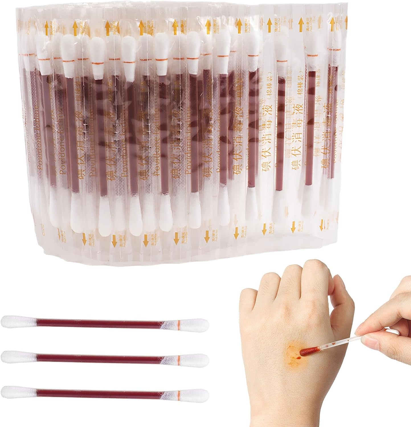 Cotton Lodine Swabs, 100Pcs Disposable Lodine Swab, Cotton Swabs, Lodophor Skin Disinfection Swab, Individually Wrapped for Nose Care, Ears Bruise, Disinfection Wound, Wound Care, Outdoor Supplies image number 5