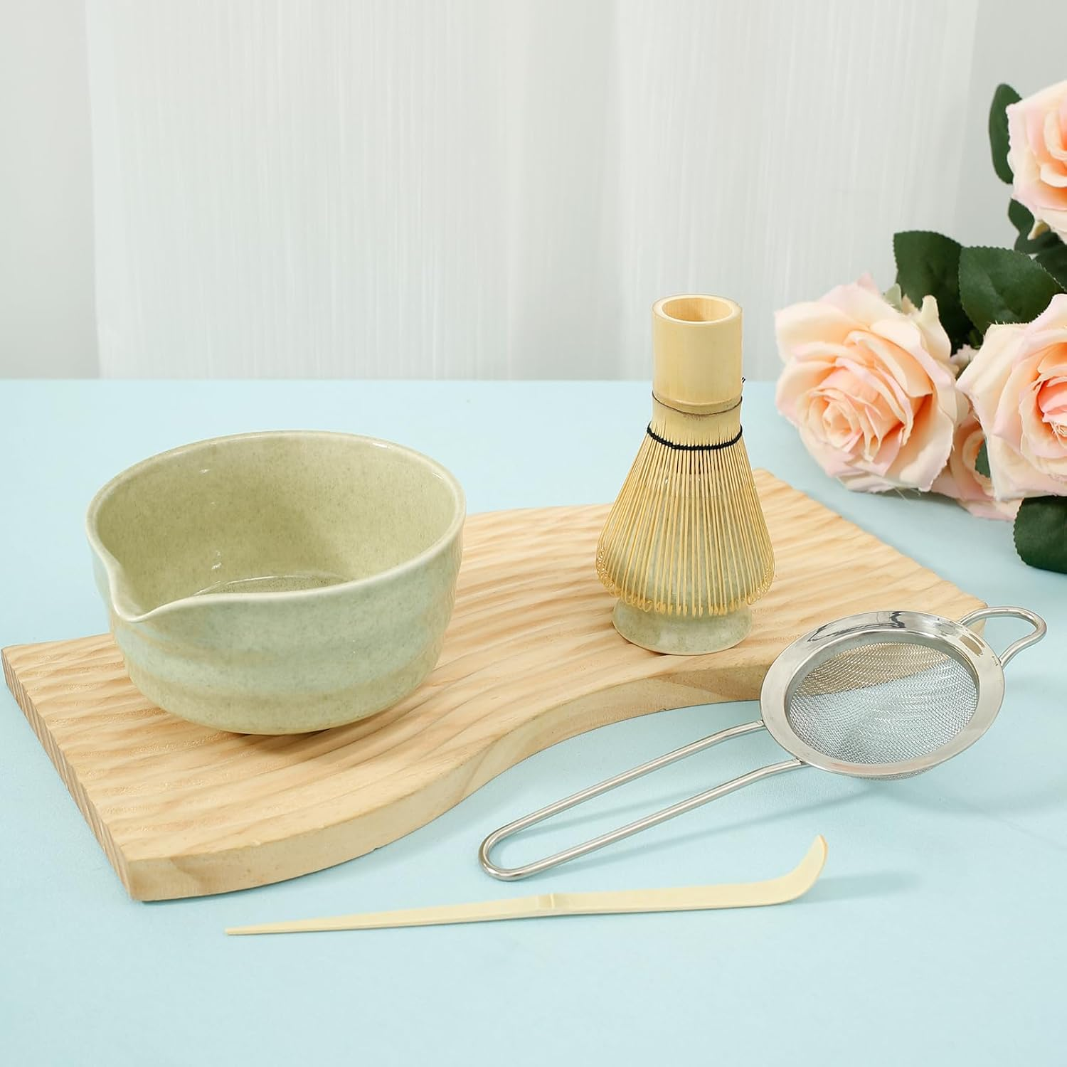 5 Pieces Matcha Tea Set, Matcha Whisk Set Cute Whisk and Bowl with Spout, Matcha Whisk Holder, Matcha Spoon, Stainless Sifter, Perfect Matcha Kit for Matcha Lover (Pink)