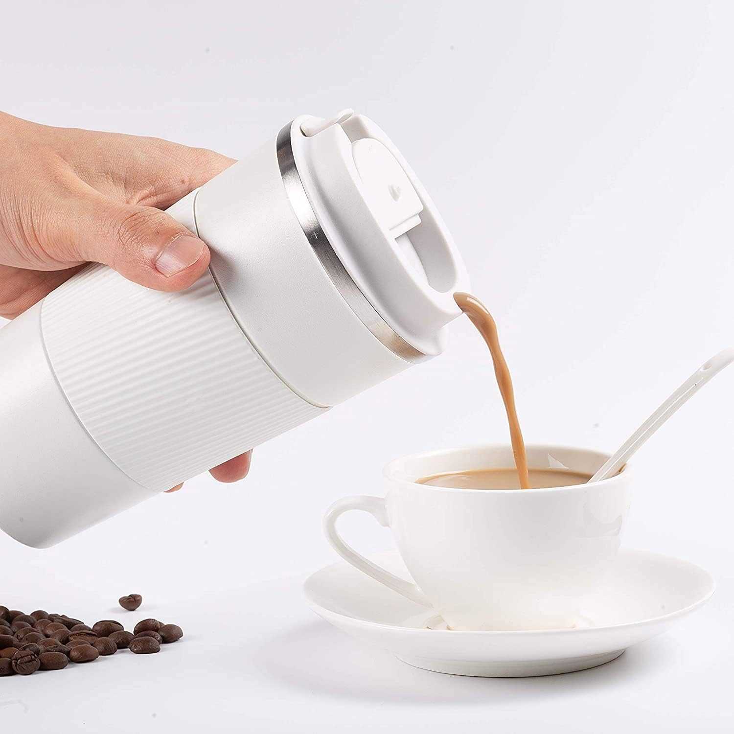 Trave Coffee Mug, 17 Oz Insulated Coffee Travel Mug Spill Proof for Men Women, Stainless Steel Vacuum Tumbler Coffee Cup Leakproof with Flip Lid Reusable Thermal Coffee Cup with Silicone Sleeve for Home Office Hot/Iced Beverage -510Ml/17Oz, White image number 2