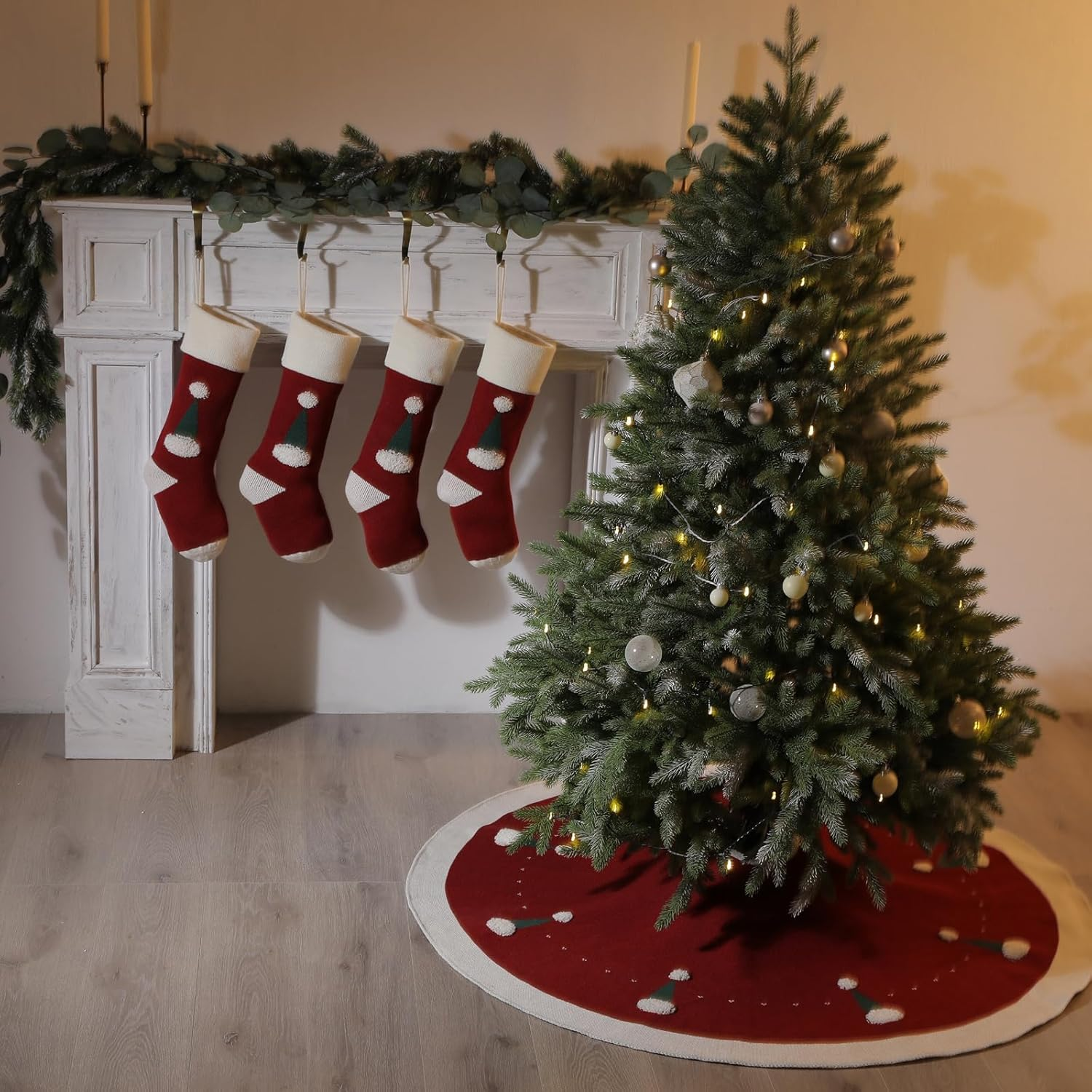 VNPONV Knitted Christmas Tree Skirt 48 Inches, Large Red Tree Skirt Luxury Christmas Decorations, Thick Xmas Tree Skirt with Cute Christmas Hat and White Fluffy Ball for Holiday Party Christmas Decor image number 4