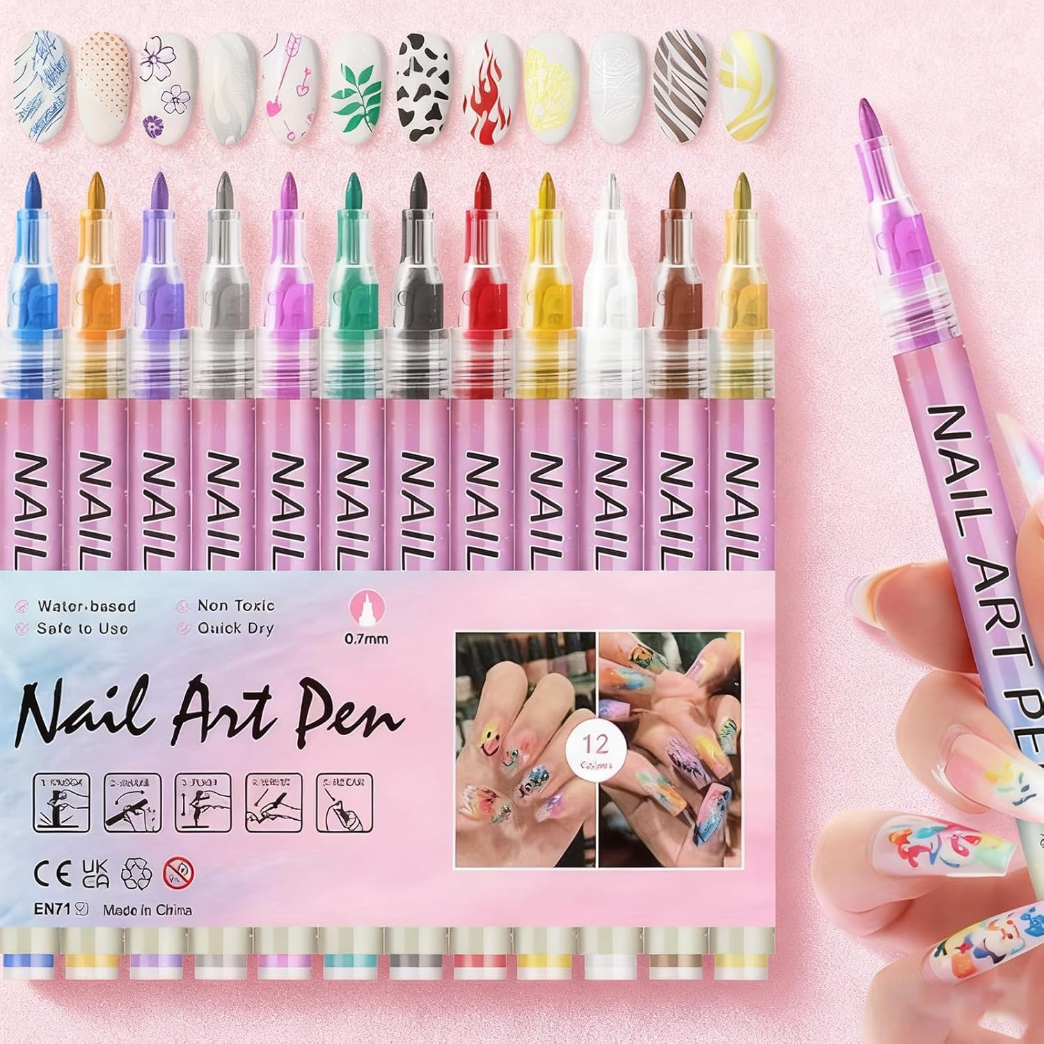 12PCS Nail Art Pens Set, Fine Tip 0.7Mm Waterproof Nail Art Markers for DIY Colorful Nail Designs - 12 Vibrant Colors, Ideal Nail Art Kit for Creative Manicure