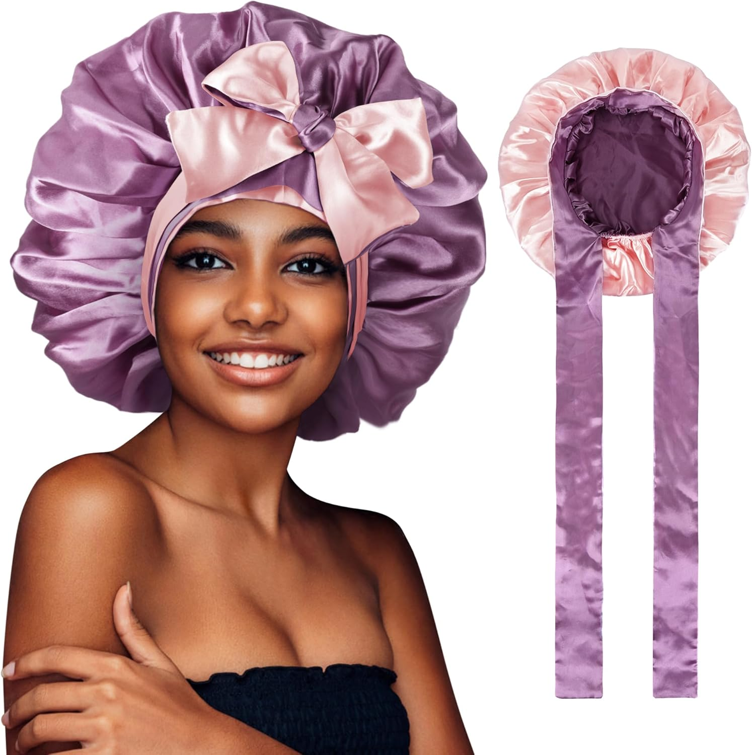 Silk Satin Bonnet - Silk Hair Wrap for Sleeping,Satin Bonnet for Curly Hair Sleep Cap Large Double Sided Reversible Hair Bonnet with Tie Band image number 6