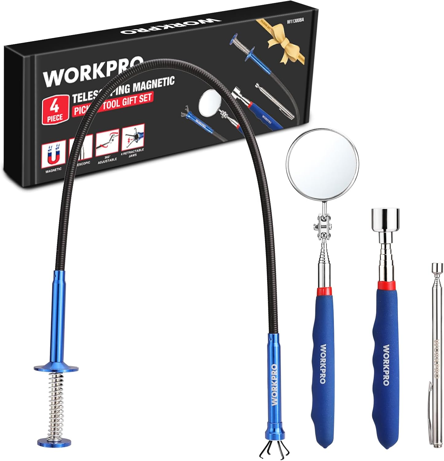 WORKPRO 4PC Telescoping Magnetic Pick up Tool Kit, Includes Telescoping Inspection Mirror, 2PC Magnetic Pick up Tool and Four Claw Grabber Tool, Pick up Grab Tool Set for Auto Repair image number 1