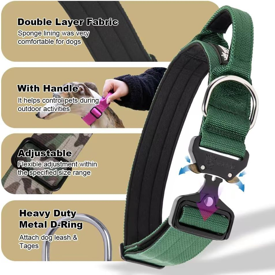 TSPRO Premium Dog Collars Tactical Dog Collar with Handle and Heavy Duty Quick-Release Metal Buckle Durable Thick and Adjustable for Medium to Large Dogs (Green M)