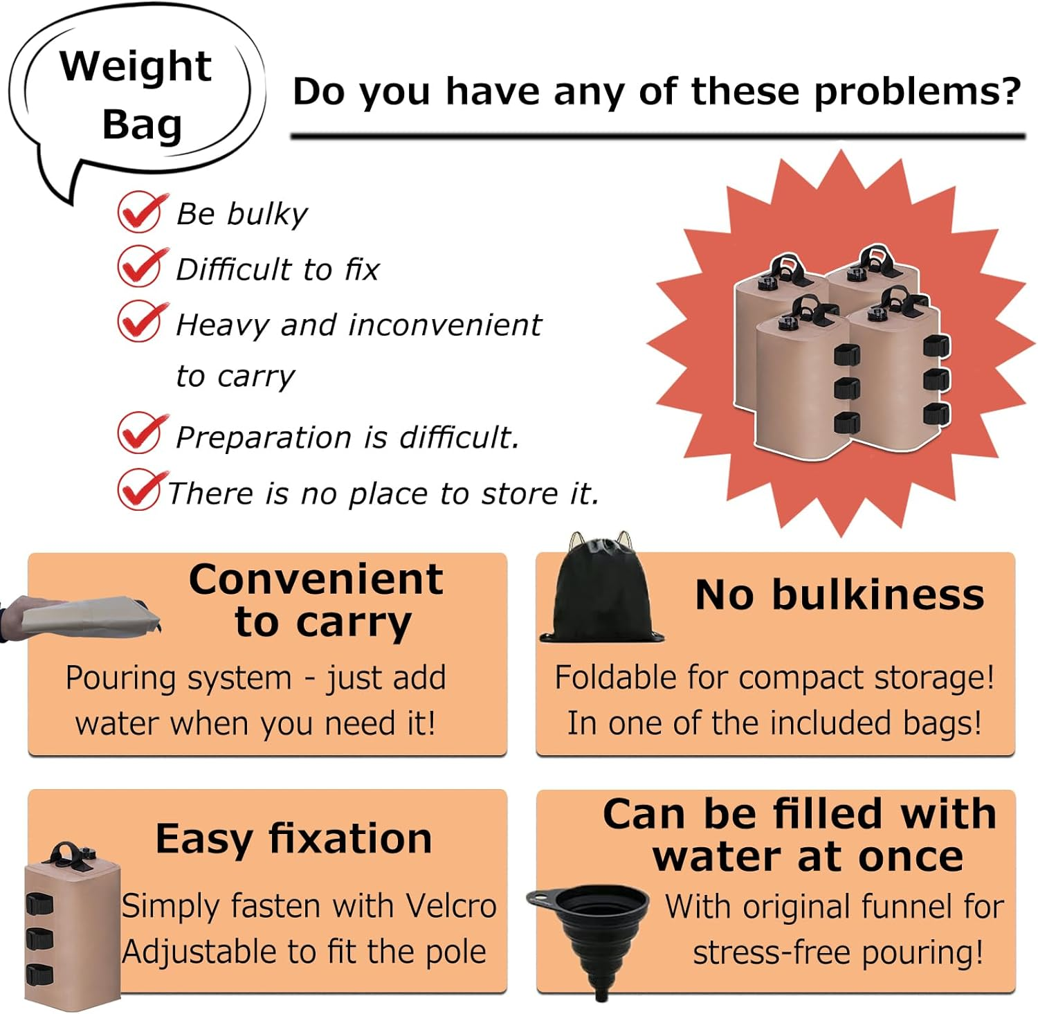 Tent Weight Set of 4/8 Weight Bag Multi-Weight for Tarp Tents Band Tape Water Injection Type Outdoor Heavy Bag Beach Umbrella Versatile Weight Gazebo Shelter (8, Khaki-Square) image number 5