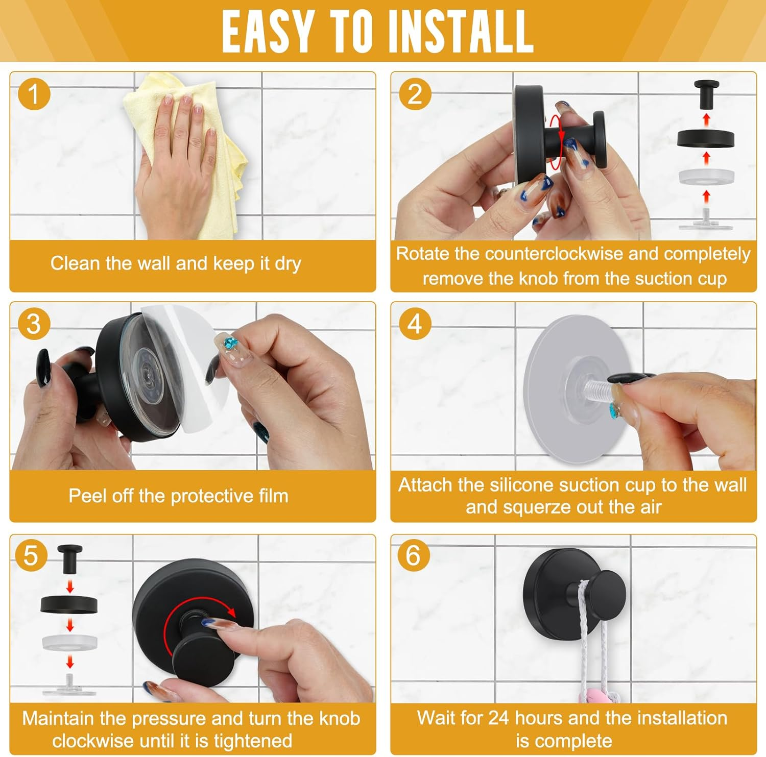 HOTOOLME 4 Pack Suction Cup Hooks for Shower, Towel Hooks for Bathroom, No Drill Shower Hooks for Windows, Glass, Mirror, Tile for Hanging Towels Loofah Robe(Black) image number 6