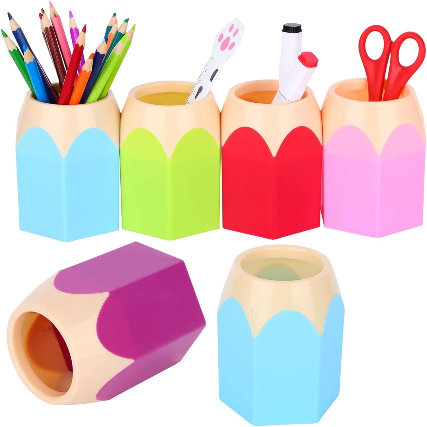 6Pcs Pencil Shaped Pen Holders - Cute Desktop Pen Cup & Makeup Brush Container - Creative Stationery Storage for Office & Home Decoration image number 6