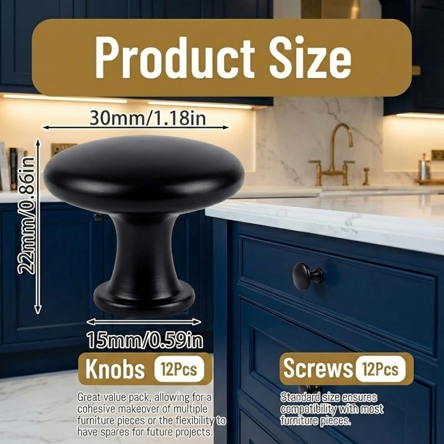 12 Pcs Vintage Brass Drawer Handles, 30Mm round Furniture Door Knobs, DIY Cabinet Knobs for Home Upgrade and Decoration Projects (Black) - Black image number 4